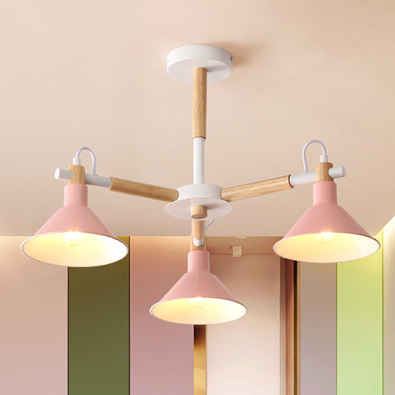 Macaroon Horn Shape Pendant Lights 3 Bulbs Metal Wooden Fixture - Rebooters
