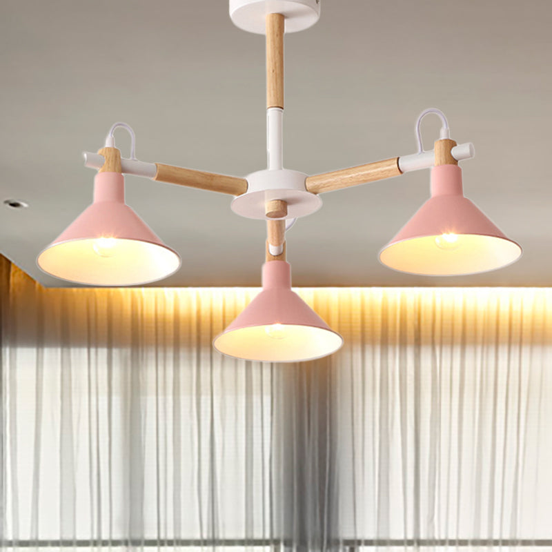 Macaroon Horn Shape Pendant Lights 3 Bulbs Metal Wooden Fixture - Rebooters