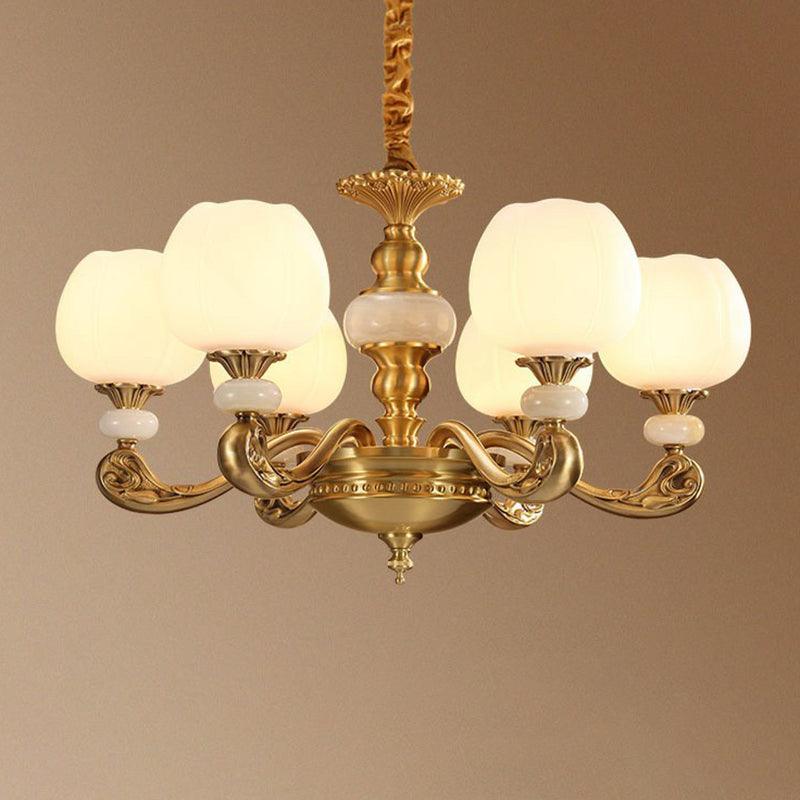 6-Bulb Chandelier Lighting Traditional Ivory Glass Flowerbud Ceiling Light in Gold - Rebooters