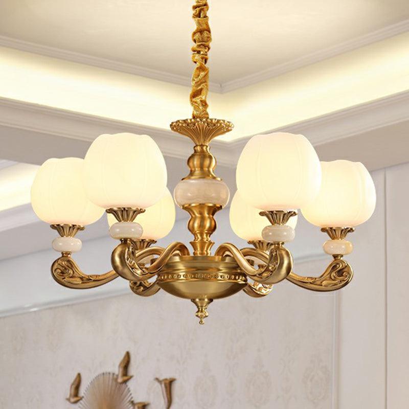 6-Bulb Chandelier Lighting Traditional Ivory Glass Flowerbud Ceiling Light in Gold - Rebooters