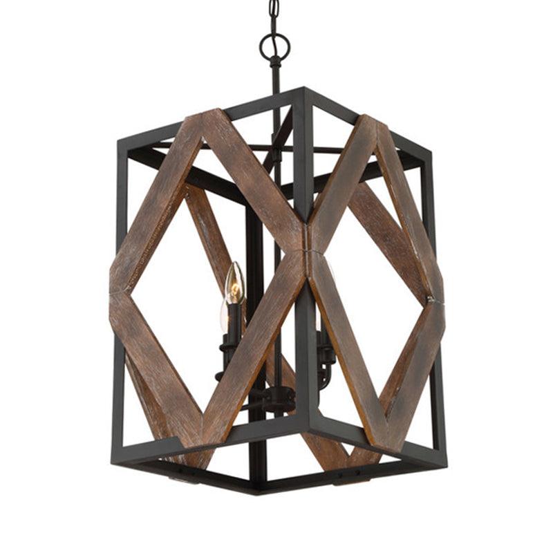 4 Light Rectangle Cage Hanging Lamp Lodge Style Black Metal Pendant Light - Rebooters