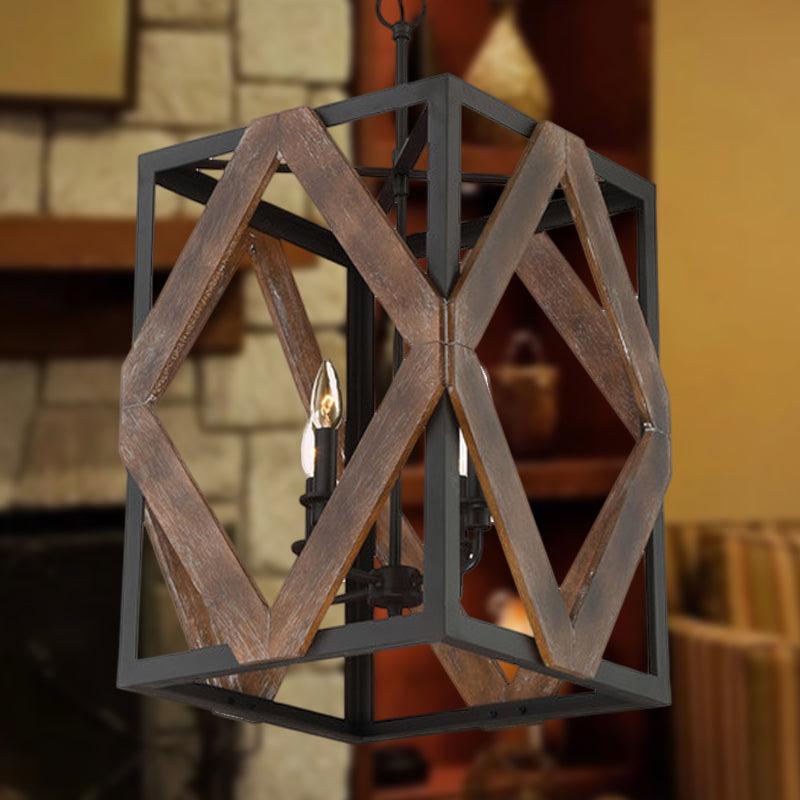 4 Light Rectangle Cage Hanging Lamp Lodge Style Black Metal Pendant Light - Rebooters