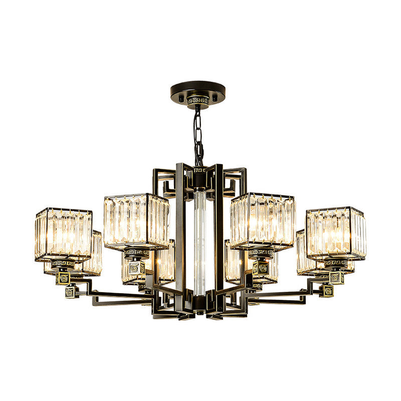 Traditional Cubic Pendant Lighting Clear Tri-Sided Glass Chandelier in Black - Rebooters