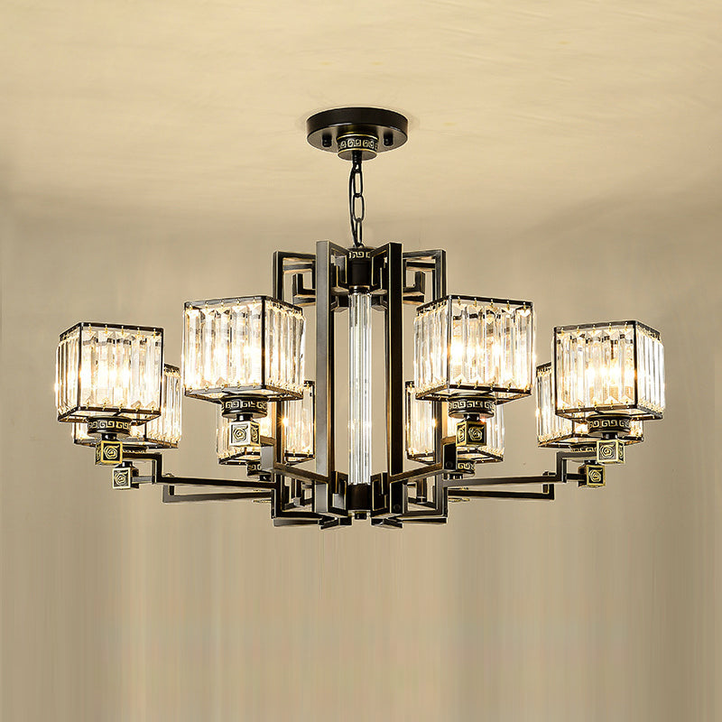 Traditional Cubic Pendant Lighting Clear Tri-Sided Glass Chandelier in Black - Rebooters