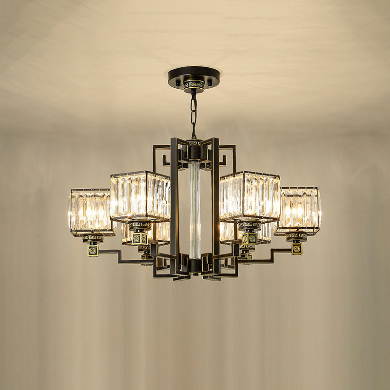 Traditional Cubic Pendant Lighting Clear Tri-Sided Glass Chandelier in Black - Rebooters