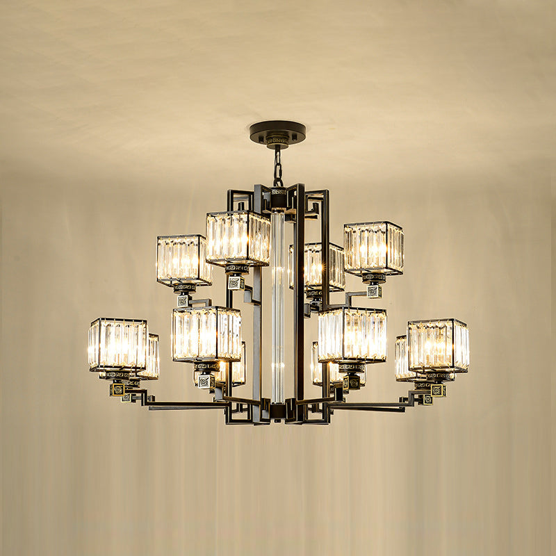 Traditional Cubic Pendant Lighting Clear Tri-Sided Glass Chandelier in Black - Rebooters