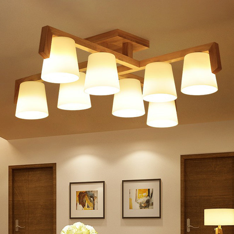 Ivory Glass Conical Suspension Lamp Minimalist Wood Chandelier - Rebooters