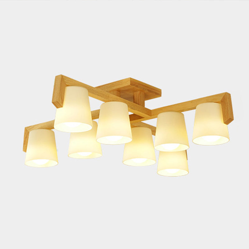 Ivory Glass Conical Suspension Lamp Minimalist Wood Chandelier - Rebooters