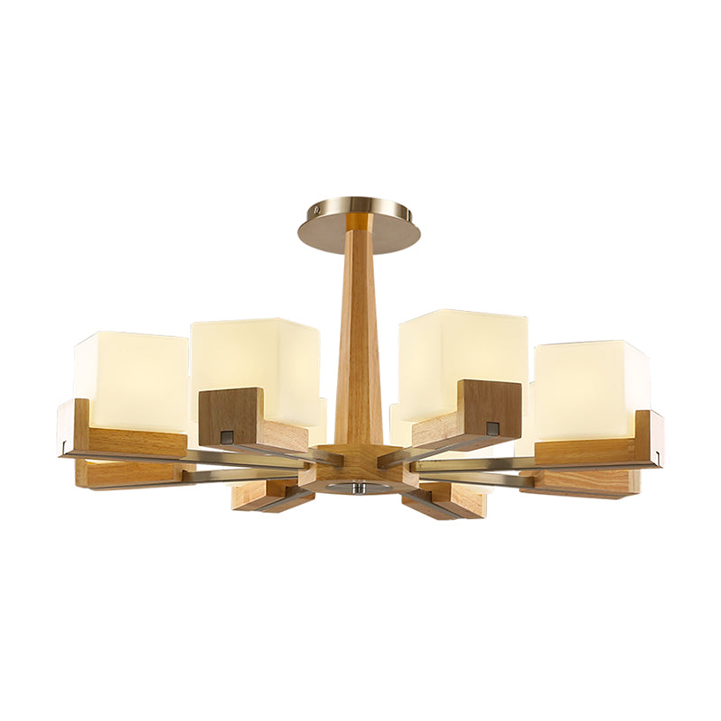 Frosted White Glass Cube Chandelier Modern Wood Ceiling Lamp - Rebooters