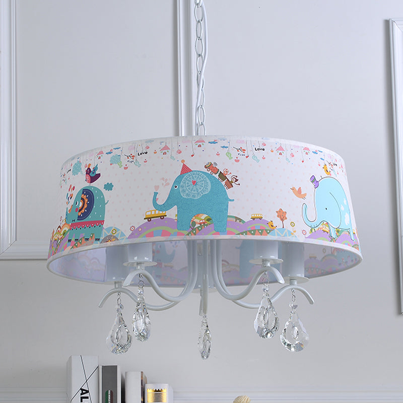 White Drum Pendant Light with Elephant Crystal 5 Lights Chandelier - Rebooters