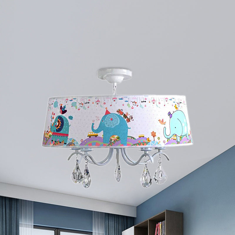 White Drum Pendant Light with Elephant Crystal 5 Lights Chandelier - Rebooters