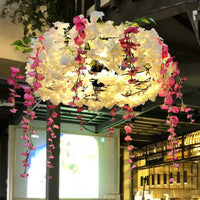 3-Bulb Round Hanging Lamp Loft Style Metal Pendant Light Fixture with Fake Flowers - Rebooters