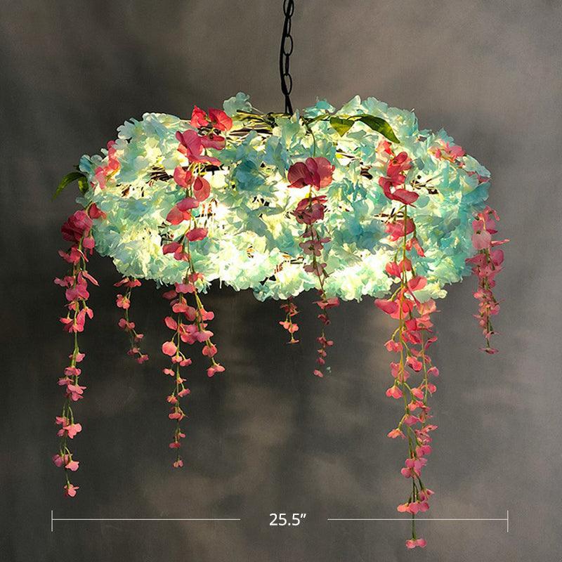 3-Bulb Round Hanging Lamp Loft Style Metal Pendant Light Fixture with Fake Flowers - Rebooters