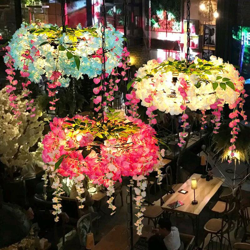 3-Bulb Round Hanging Lamp Loft Style Metal Pendant Light Fixture with Fake Flowers - Rebooters