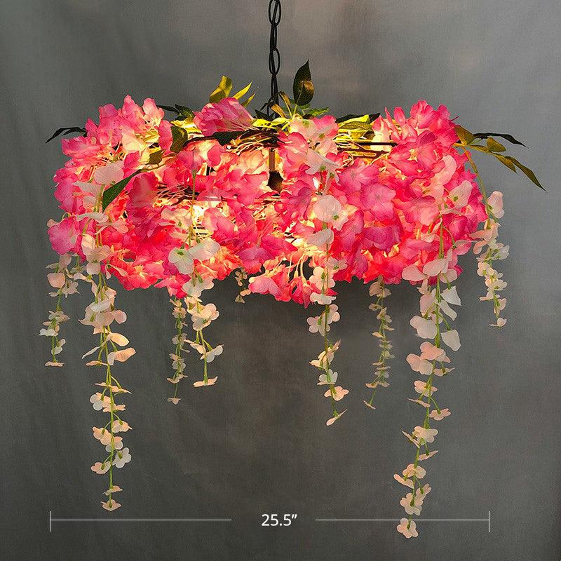 3-Bulb Round Hanging Lamp Loft Style Metal Pendant Light Fixture with Fake Flowers - Rebooters
