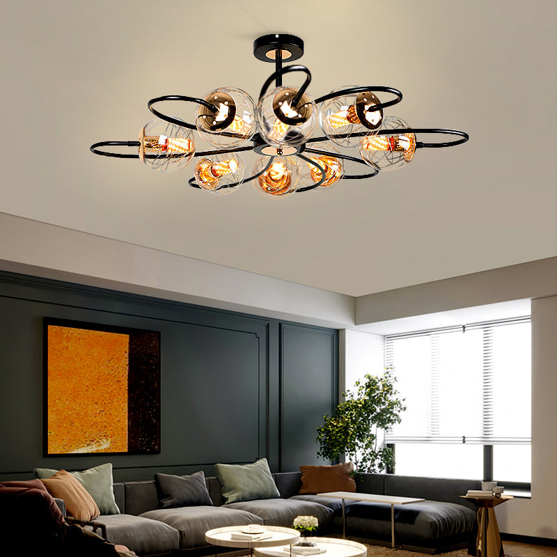 Black Floral Swirl Chandelier Minimalist Clear Ball Glass Pendant Light - Rebooters