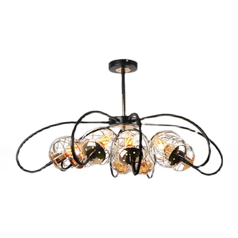 Black Floral Swirl Chandelier Minimalist Clear Ball Glass Pendant Light - Rebooters