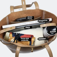 Brown tote bag organized with phone, magazine, tablet, umbrella, sweater, and kettle inside