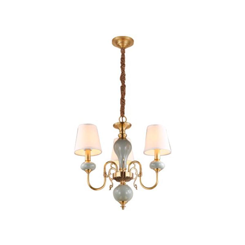 3 Heads Chandelier Traditional Tapered Shade Fabric Ceiling Light in Gold for Dining Room - Rebooters