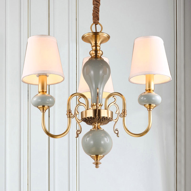 3 Heads Chandelier Traditional Tapered Shade Fabric Ceiling Light in Gold for Dining Room - Rebooters