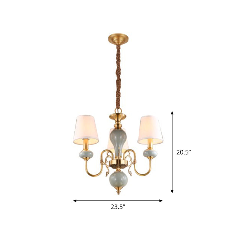 3 Heads Chandelier Traditional Tapered Shade Fabric Ceiling Light in Gold for Dining Room - Rebooters