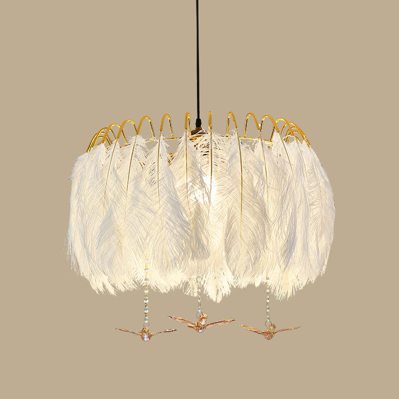 Round Feather Hanging Lamp Postmodern White Chandelier Light Fixture - Rebooters