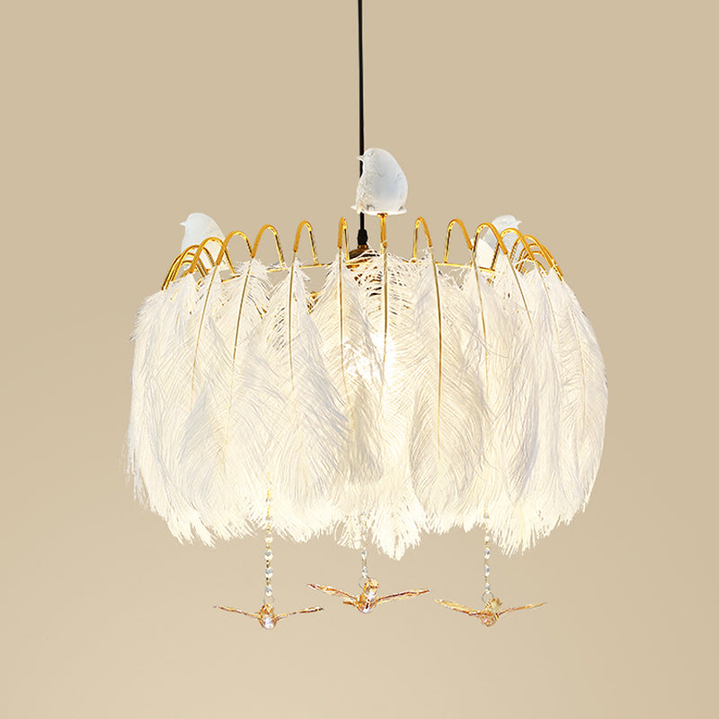 Round Feather Hanging Lamp Postmodern White Chandelier Light Fixture - Rebooters