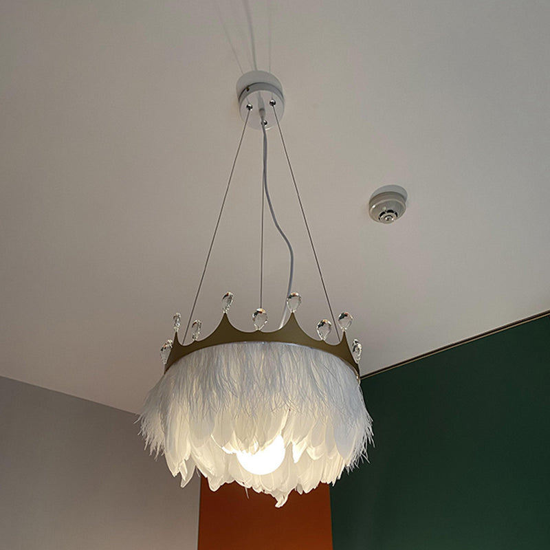 Crown Child Room Chandelier Lamp Feather 1 Bulb White Pendant - Rebooters