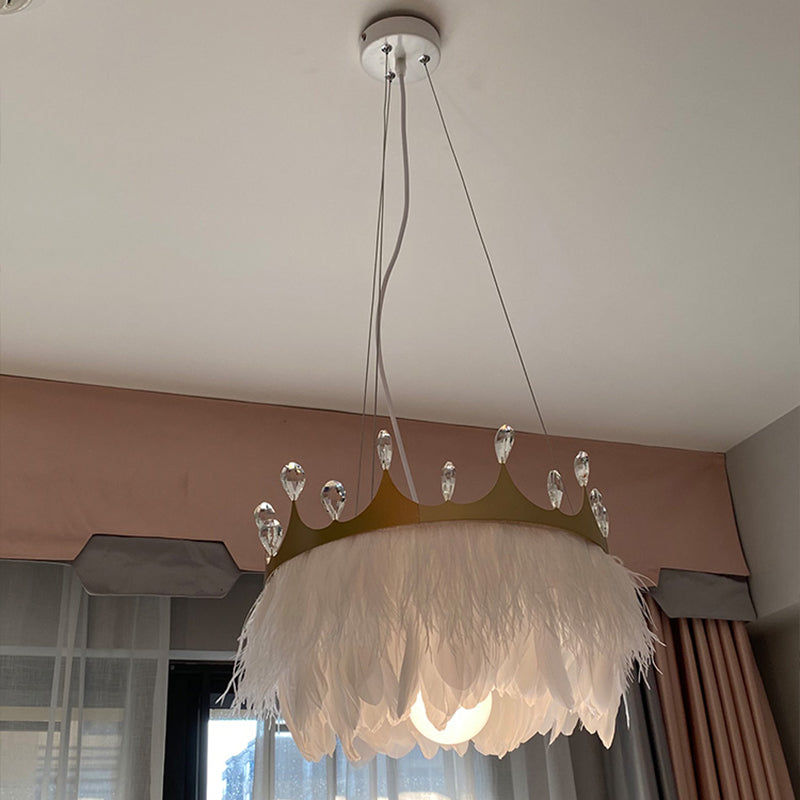 Crown Child Room Chandelier Lamp Feather 1 Bulb White Pendant - Rebooters