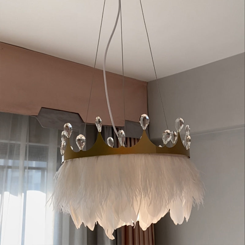 Crown Child Room Chandelier Lamp Feather 1 Bulb White Pendant - Rebooters