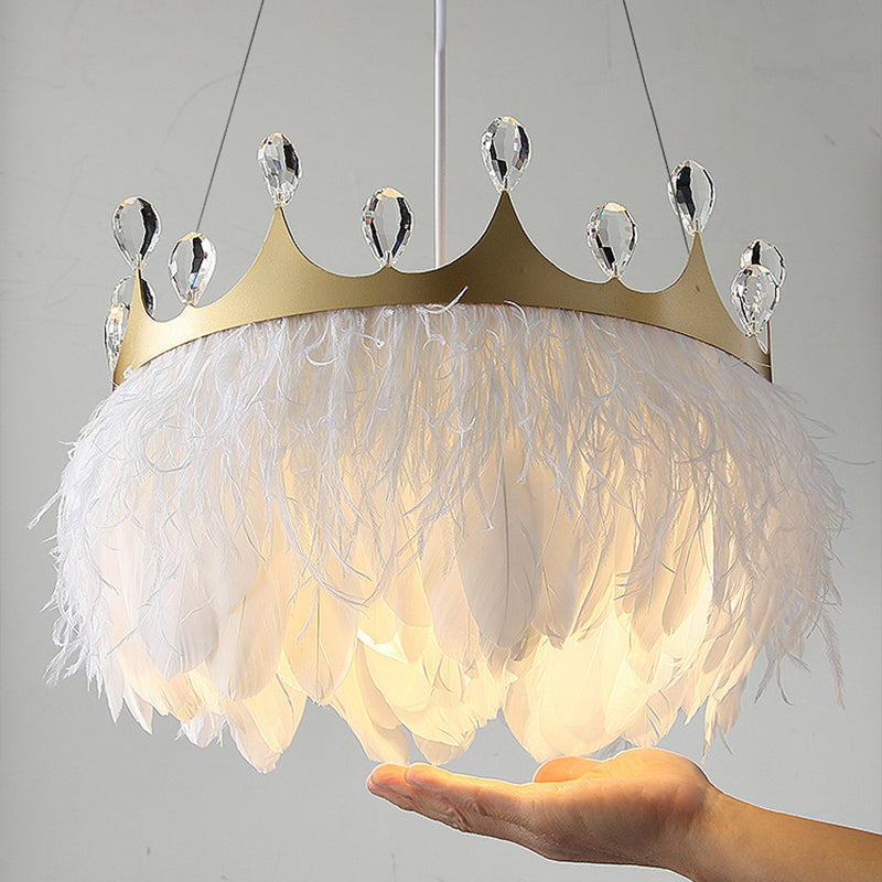 Crown Child Room Chandelier Lamp Feather 1 Bulb White Pendant - Rebooters