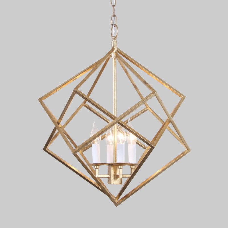 4 Lights Metal Pendant Chandelier Classic Gold Rhombus Fixture - Rebooters