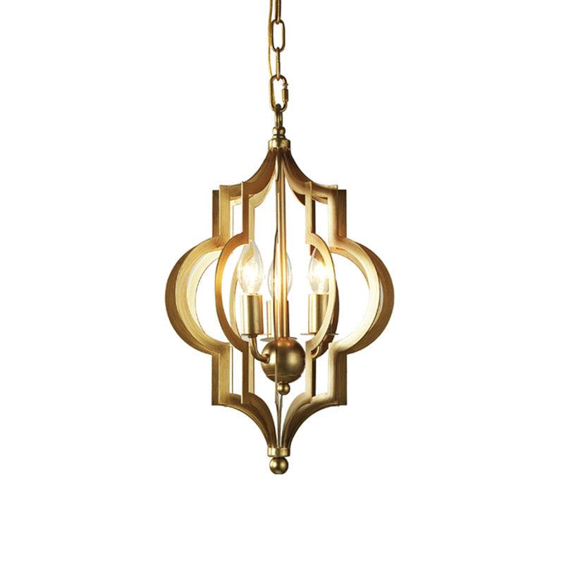 3 Bulbs Candle Chandelier Light Traditional Gold Metal Hanging Ceiling Fixture for Dining Room with Cage - Rebooters