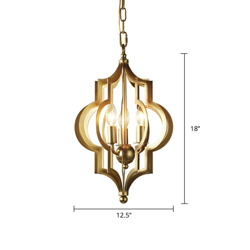 3 Bulbs Candle Chandelier Light Traditional Gold Metal Hanging Ceiling Fixture for Dining Room with Cage - Rebooters