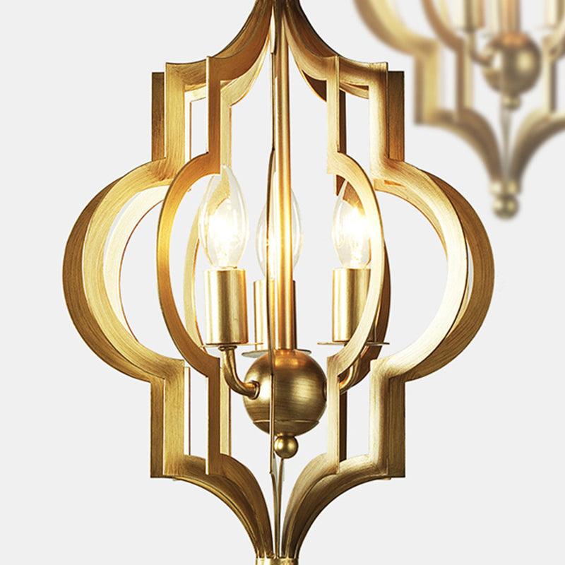 3 Bulbs Candle Chandelier Light Traditional Gold Metal Hanging Ceiling Fixture for Dining Room with Cage - Rebooters