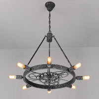 7/8 Bulbs Iron Hanging Chandelier Industrial Black Silver Gear Wheel - Rebooters
