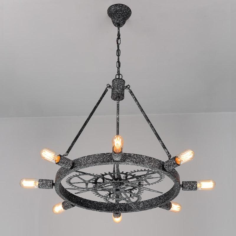 7/8 Bulbs Iron Hanging Chandelier Industrial Black Silver Gear Wheel - Rebooters