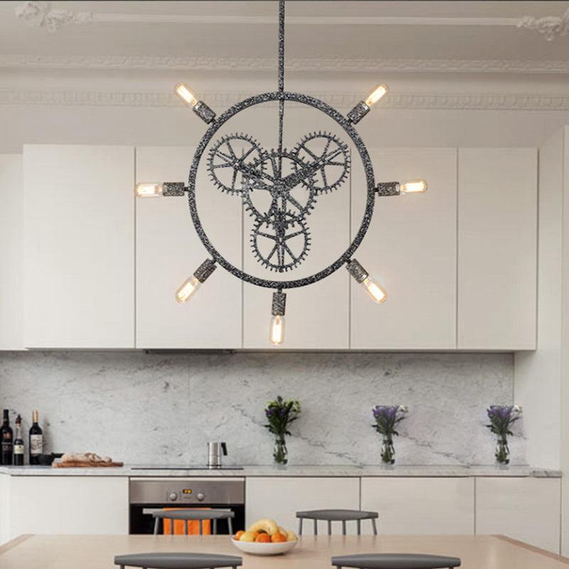 7/8 Bulbs Iron Hanging Chandelier Industrial Black Silver Gear Wheel - Rebooters