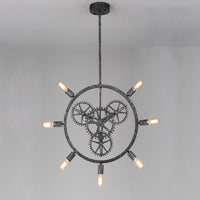 7/8 Bulbs Iron Hanging Chandelier Industrial Black Silver Gear Wheel - Rebooters