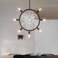 7/8 Bulbs Iron Hanging Chandelier Industrial Black Silver Gear Wheel - Rebooters