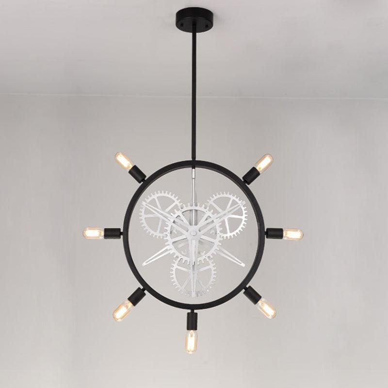 7/8 Bulbs Iron Hanging Chandelier Industrial Black Silver Gear Wheel - Rebooters
