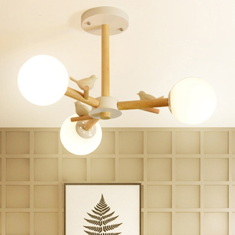 Orb Shade Bedroom Chandelier with Bird Wood Glass Light - Rebooters
