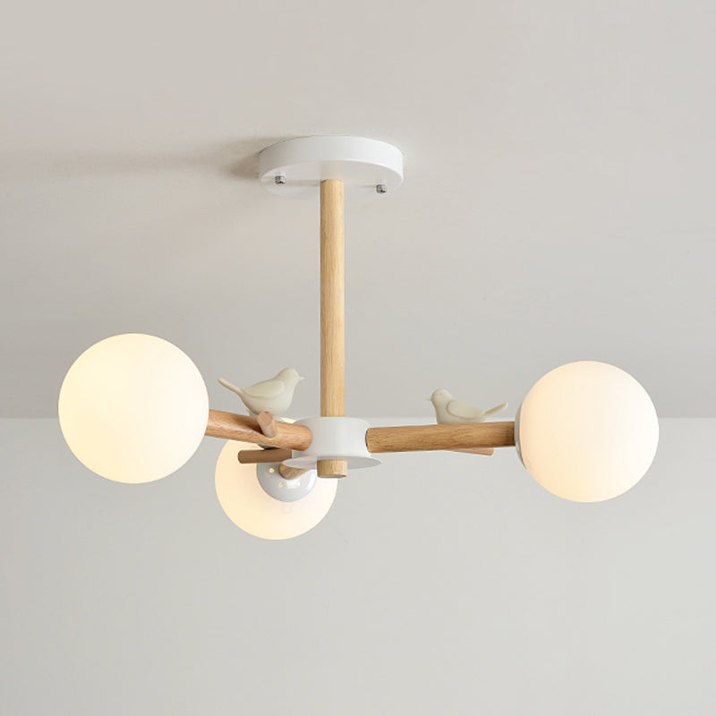 Orb Shade Bedroom Chandelier with Bird Wood Glass Light - Rebooters