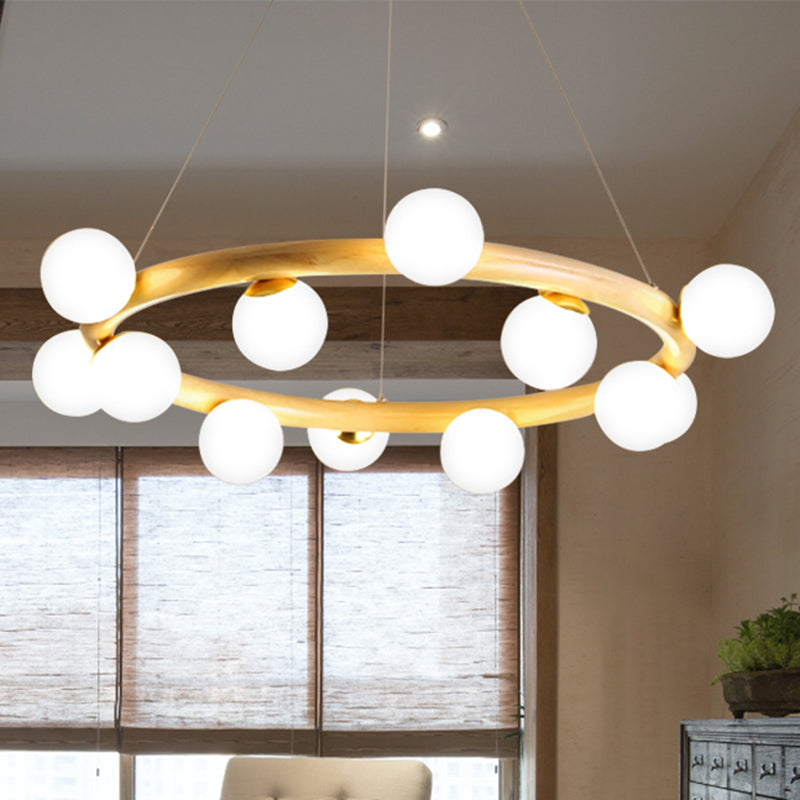 Wood Ring Suspension Light with Bubble Shade Beige Pendant - Rebooters