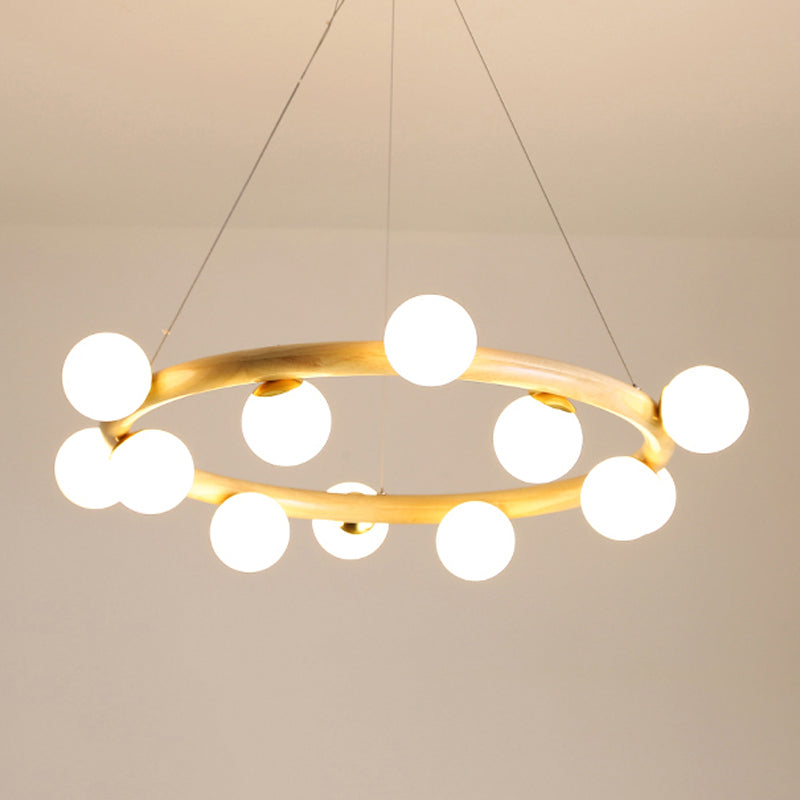 Wood Ring Suspension Light with Bubble Shade Beige Pendant - Rebooters