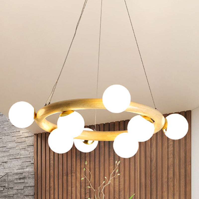 Wood Ring Suspension Light with Bubble Shade Beige Pendant - Rebooters