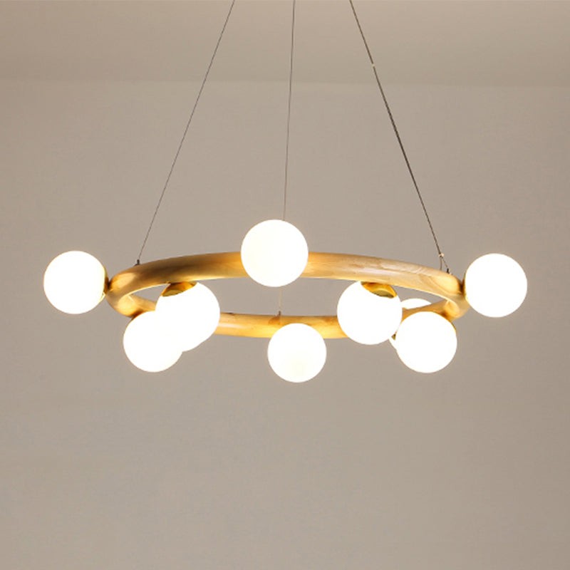 Wood Ring Suspension Light with Bubble Shade Beige Pendant - Rebooters