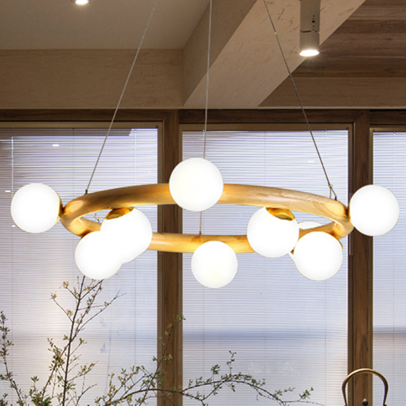 Wood Ring Suspension Light with Bubble Shade Beige Pendant - Rebooters