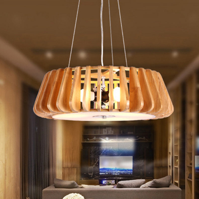 Wooden Drum Hanging Chandelier Contemporary Triple Light Pendant - Rebooters