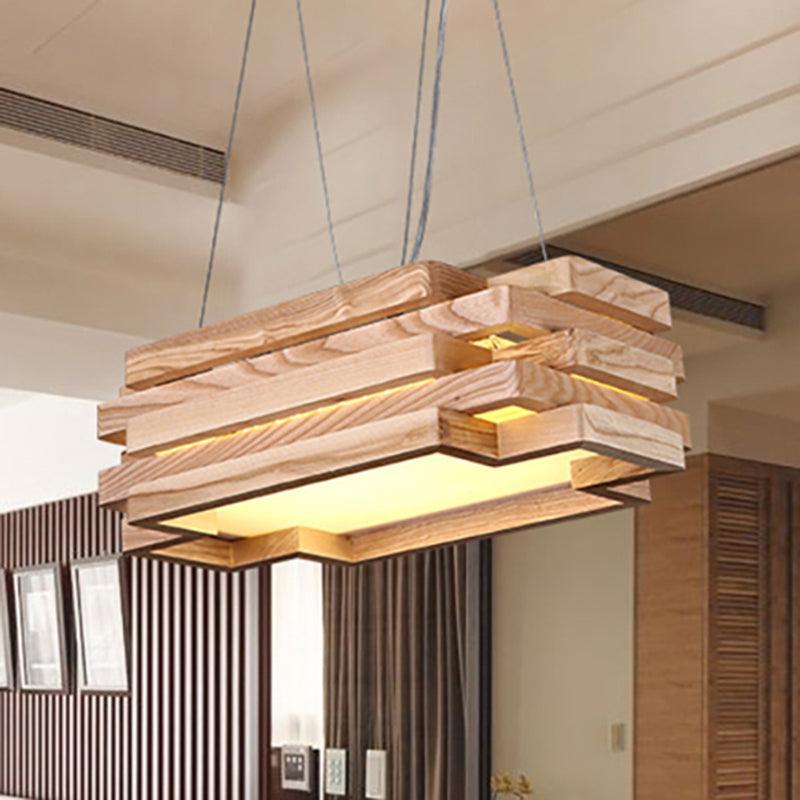 5-Tier Rectangle Hanging Light Wood Nordic Stylish LED Pendant Light in Beige for Tea Station - Rebooters